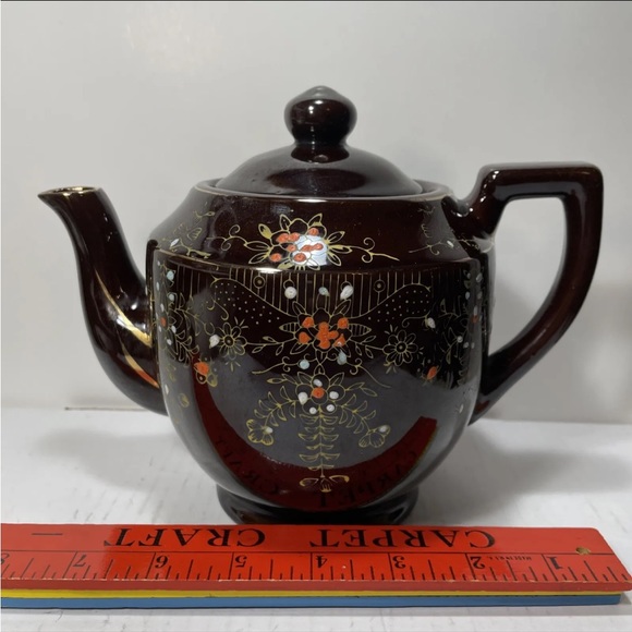 Vintage Brown Betty Redware Teapot Enamel Hand Painted Made In Japan. - Picture 11 of 11